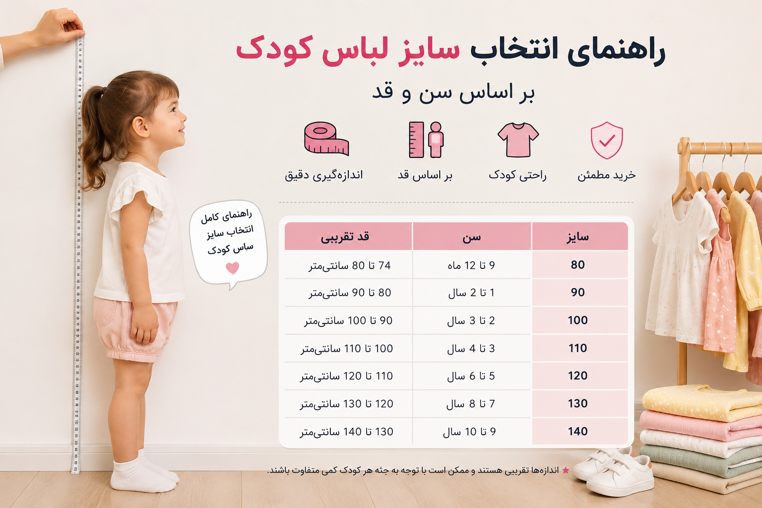 راهنمای انتخاب سایز لباس کودک بر اساس سن و قد